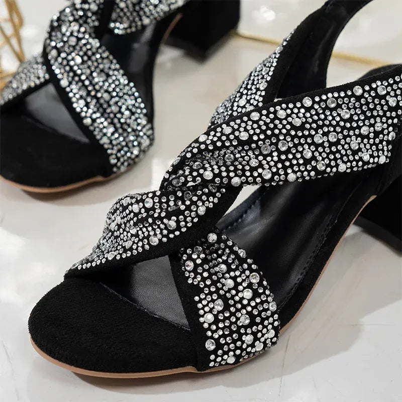 KissICON Women's Shiny Crystal High Heeled Sandals Fashion Black
