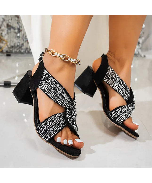 KissICON Women's Shiny Crystal High Heeled Sandals Fashion Black