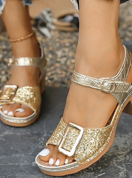 KissICON Women's Shiny Sequin Gold High Heels Sandals 2025