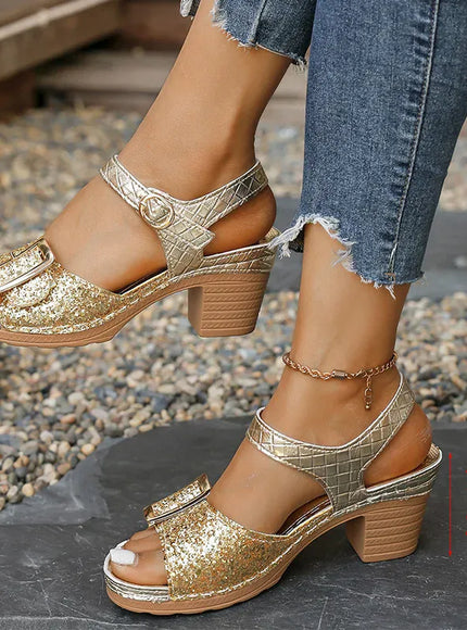 KissICON Women's Shiny Sequin Gold High Heels Sandals 2025