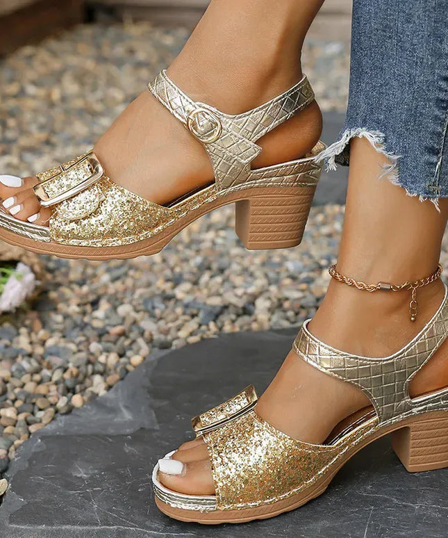 KissICON Women's Shiny Sequin Gold High Heels Sandals 2025