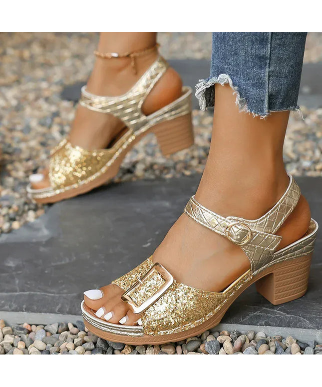 KissICON Women's Shiny Sequin Gold High Heels Sandals 2025