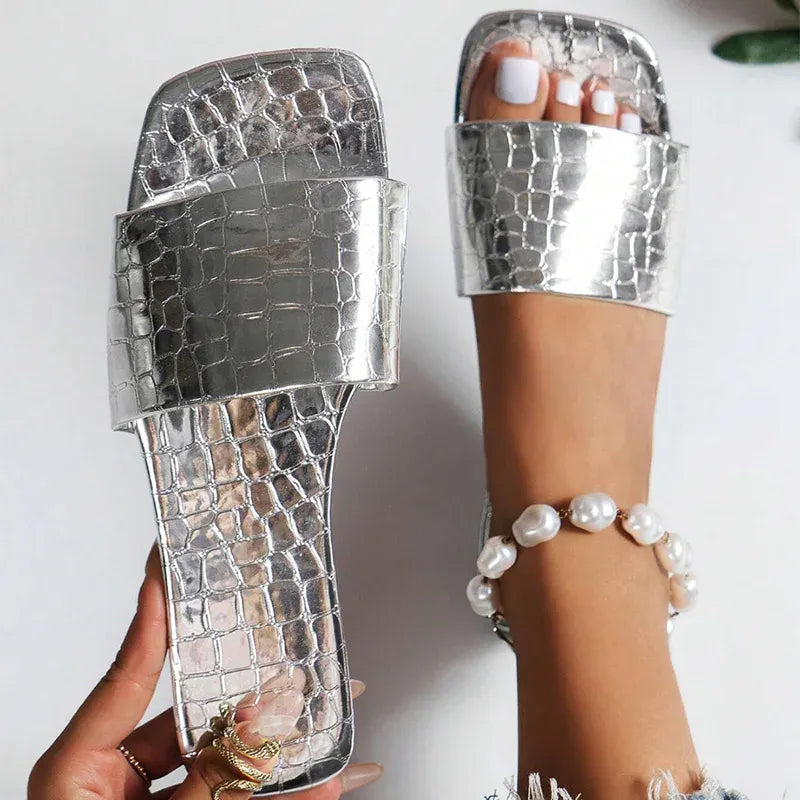 KissICON Women's Silver Pu Leather Sandals 2025 Summer Fashion