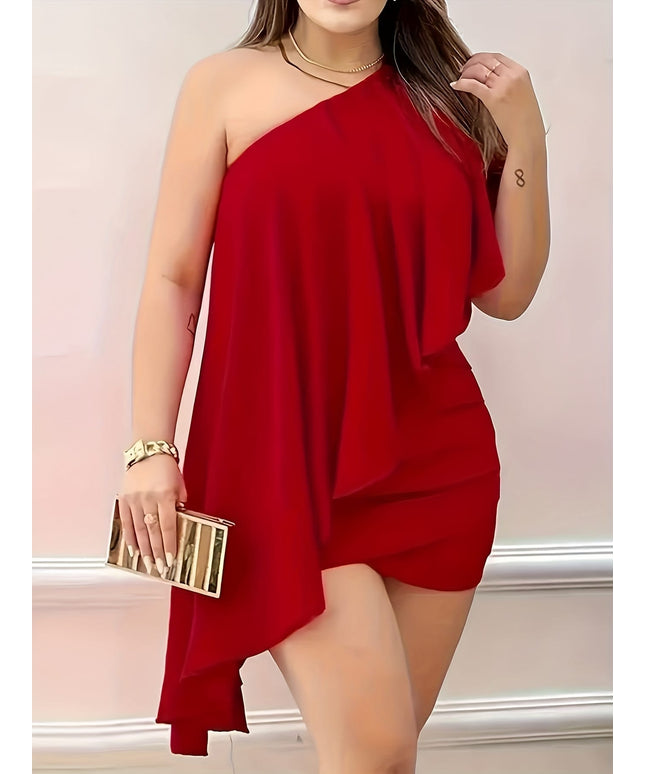 jkthpu-45 Women's Single Shoulder Asymmetric Bodycon Dress – Sleeveless Solid Color Short Cross Hem, Stretchy Machine-Washable Fabric for Spring & Summer