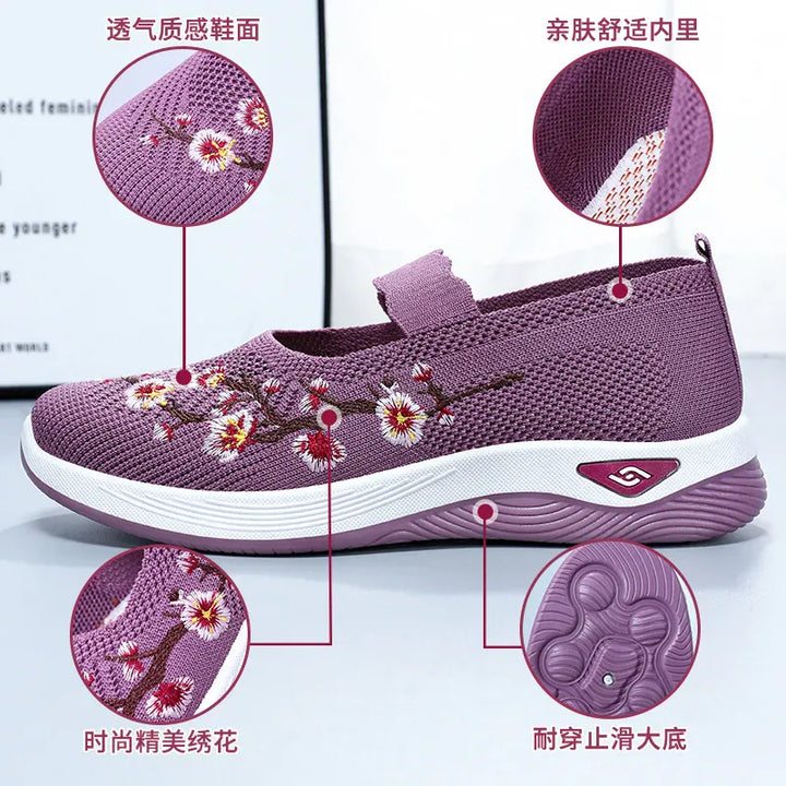 Women's Solid  casual sneaker Color Knitted Sneakers, Floral Embroidered Lightweight  women's shoes women's summer shoes