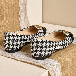 jkthpu-45 Women's Square Toe Mary Jane Flats - Slip-On Breathable Fabric Upper with Houndstooth Pattern & Golden Accents, Soft Rubber Sole for All-Season Comfort, Casual to Formal Occasions, Comfortable Walking, Chic Style, Durable Construction, Fashion Footwear, O