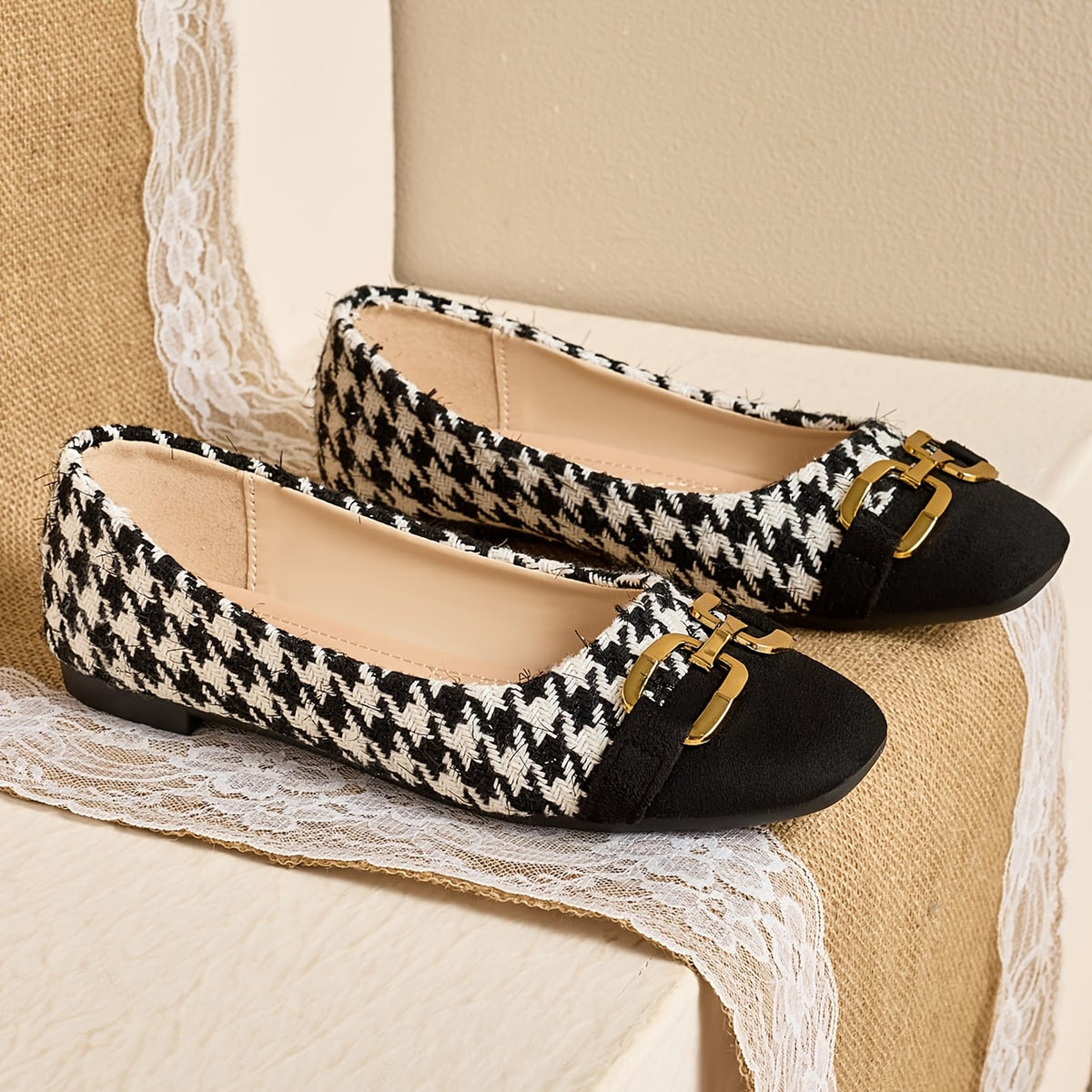 jkthpu-45 Women's Square Toe Mary Jane Flats - Slip-On Breathable Fabric Upper with Houndstooth Pattern & Golden Accents, Soft Rubber Sole for All-Season Comfort, Casual to Formal Occasions, Comfortable Walking, Chic Style, Durable Construction, Fashion Footwear, O