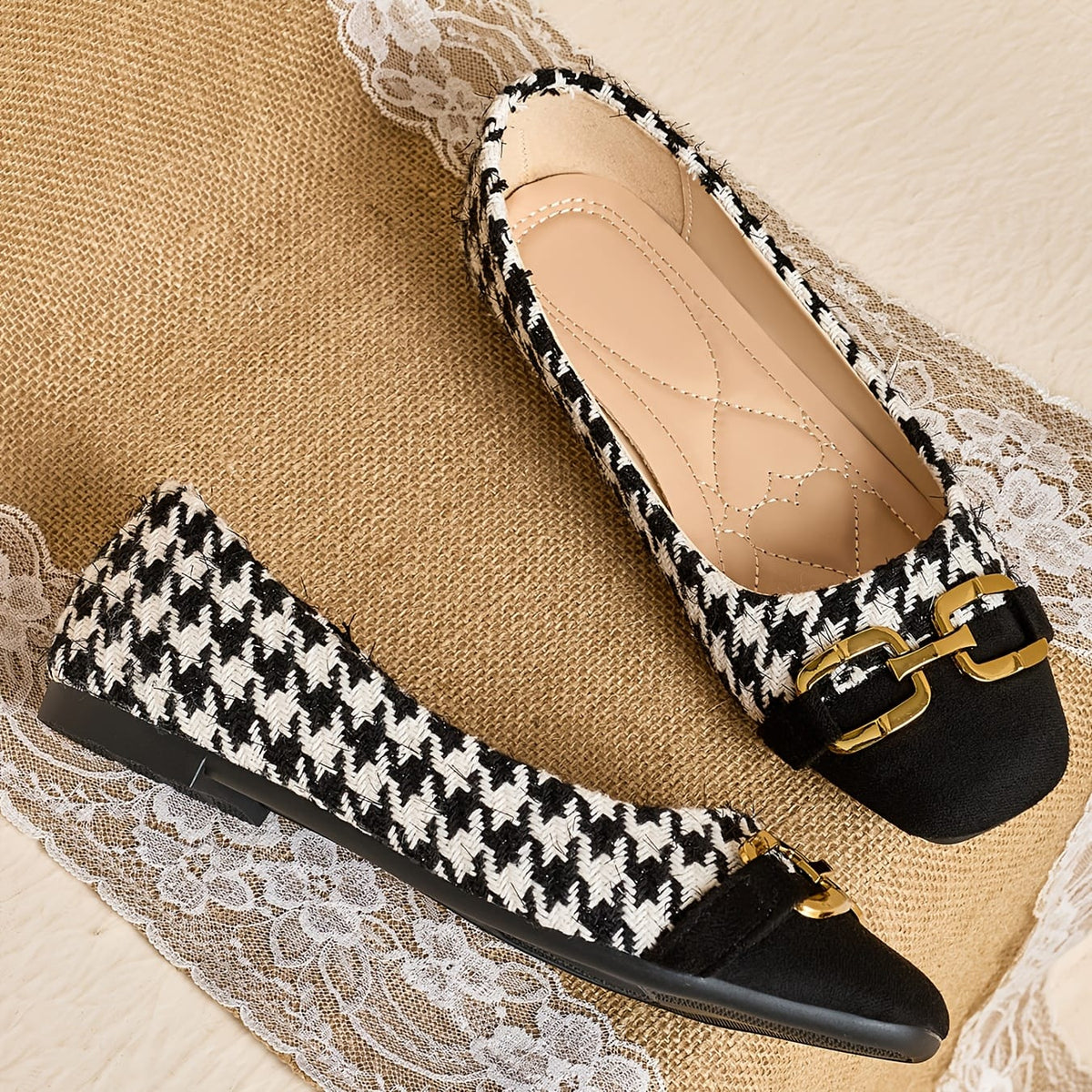 jkthpu-45 Women's Square Toe Mary Jane Flats - Slip-On Breathable Fabric Upper with Houndstooth Pattern & Golden Accents, Soft Rubber Sole for All-Season Comfort, Casual to Formal Occasions, Comfortable Walking, Chic Style, Durable Construction, Fashion Footwear, O