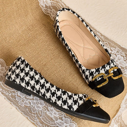 jkthpu-45 Women's Square Toe Mary Jane Flats - Slip-On Breathable Fabric Upper with Houndstooth Pattern & Golden Accents, Soft Rubber Sole for All-Season Comfort, Casual to Formal Occasions, Comfortable Walking, Chic Style, Durable Construction, Fashion Footwear, O