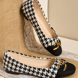 jkthpu-45 Women's Square Toe Mary Jane Flats - Slip-On Breathable Fabric Upper with Houndstooth Pattern & Golden Accents, Soft Rubber Sole for All-Season Comfort, Casual to Formal Occasions, Comfortable Walking, Chic Style, Durable Construction, Fashion Footwear, O