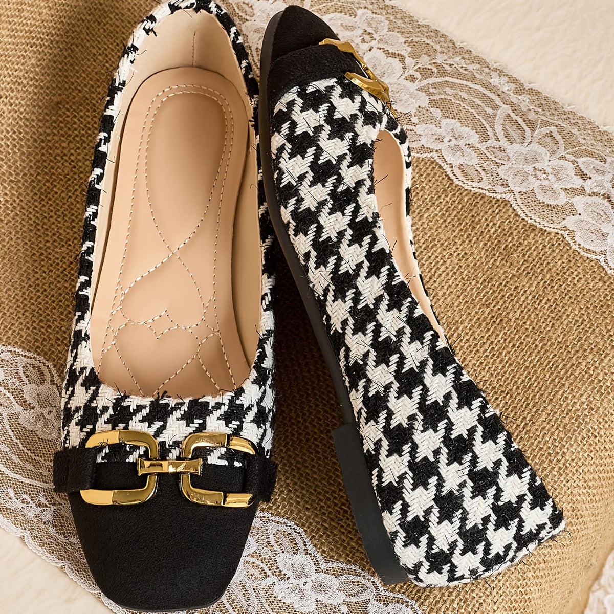jkthpu-45 Women's Square Toe Mary Jane Flats - Slip-On Breathable Fabric Upper with Houndstooth Pattern & Golden Accents, Soft Rubber Sole for All-Season Comfort, Casual to Formal Occasions, Comfortable Walking, Chic Style, Durable Construction, Fashion Footwear, O