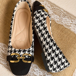 jkthpu-45 Women's Square Toe Mary Jane Flats - Slip-On Breathable Fabric Upper with Houndstooth Pattern & Golden Accents, Soft Rubber Sole for All-Season Comfort, Casual to Formal Occasions, Comfortable Walking, Chic Style, Durable Construction, Fashion Footwear, O