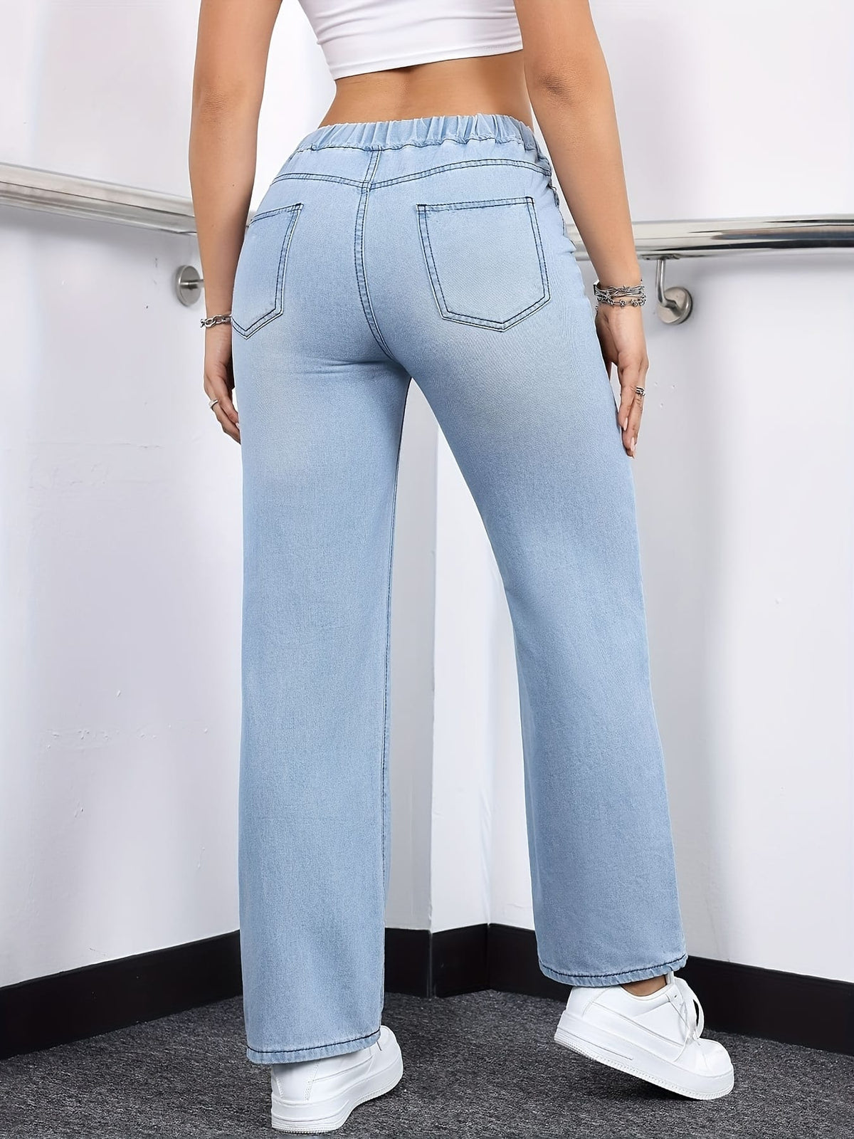 jkthpu-45 Women's Straight-Leg Jeans - Non-See-Through Washed Blue Pants