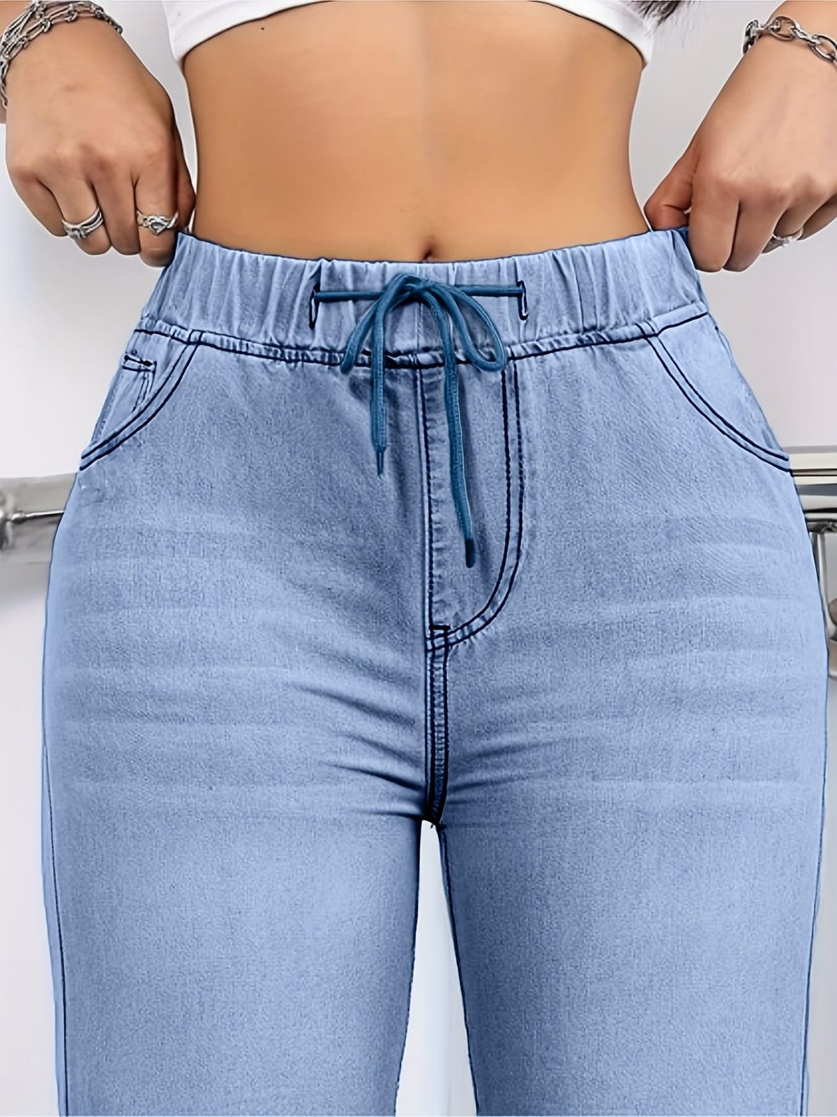 jkthpu-45 Women's Straight-Leg Jeans - Non-See-Through Washed Blue Pants