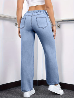 jkthpu-45 Women's Straight-Leg Jeans - Non-See-Through Washed Blue Pants