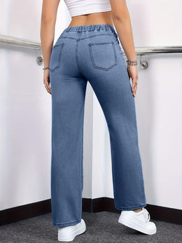 jkthpu-45 Women's Straight-Leg Jeans - Non-See-Through Washed Blue Pants