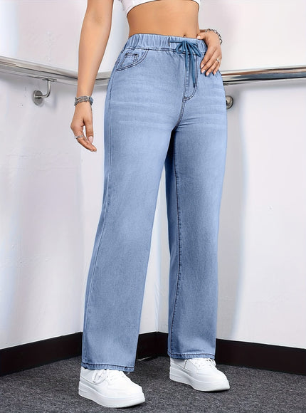 jkthpu-45 Women's Straight-Leg Jeans - Non-See-Through Washed Blue Pants