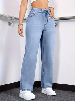jkthpu-45 Women's Straight-Leg Jeans - Non-See-Through Washed Blue Pants
