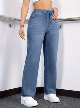 jkthpu-45 Women's Straight-Leg Jeans - Non-See-Through Washed Blue Pants
