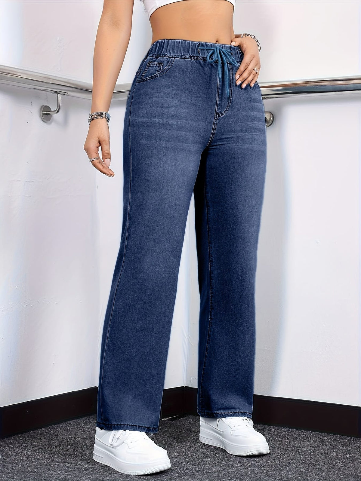 jkthpu-45 Women's Straight-Leg Jeans - Non-See-Through Washed Blue Pants