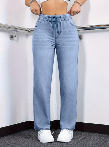 jkthpu-45 Women's Straight-Leg Jeans - Non-See-Through Washed Blue Pants