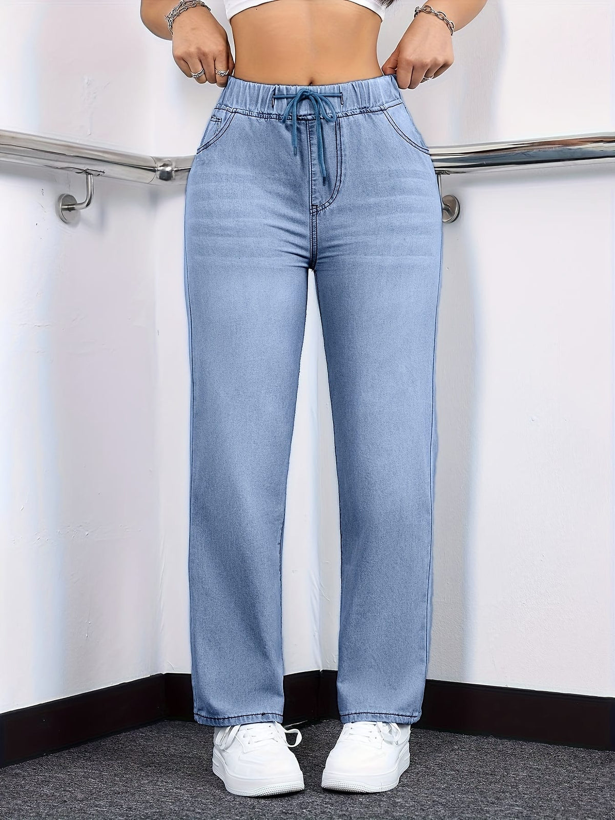 jkthpu-45 Women's Straight-Leg Jeans - Non-See-Through Washed Blue Pants