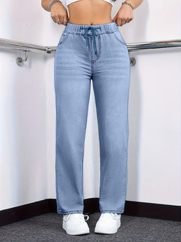 jkthpu-45 Women's Straight-Leg Jeans - Non-See-Through Washed Blue Pants
