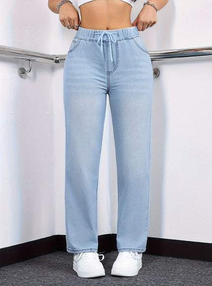 jkthpu-45 Women's Straight-Leg Jeans - Non-See-Through Washed Blue Pants