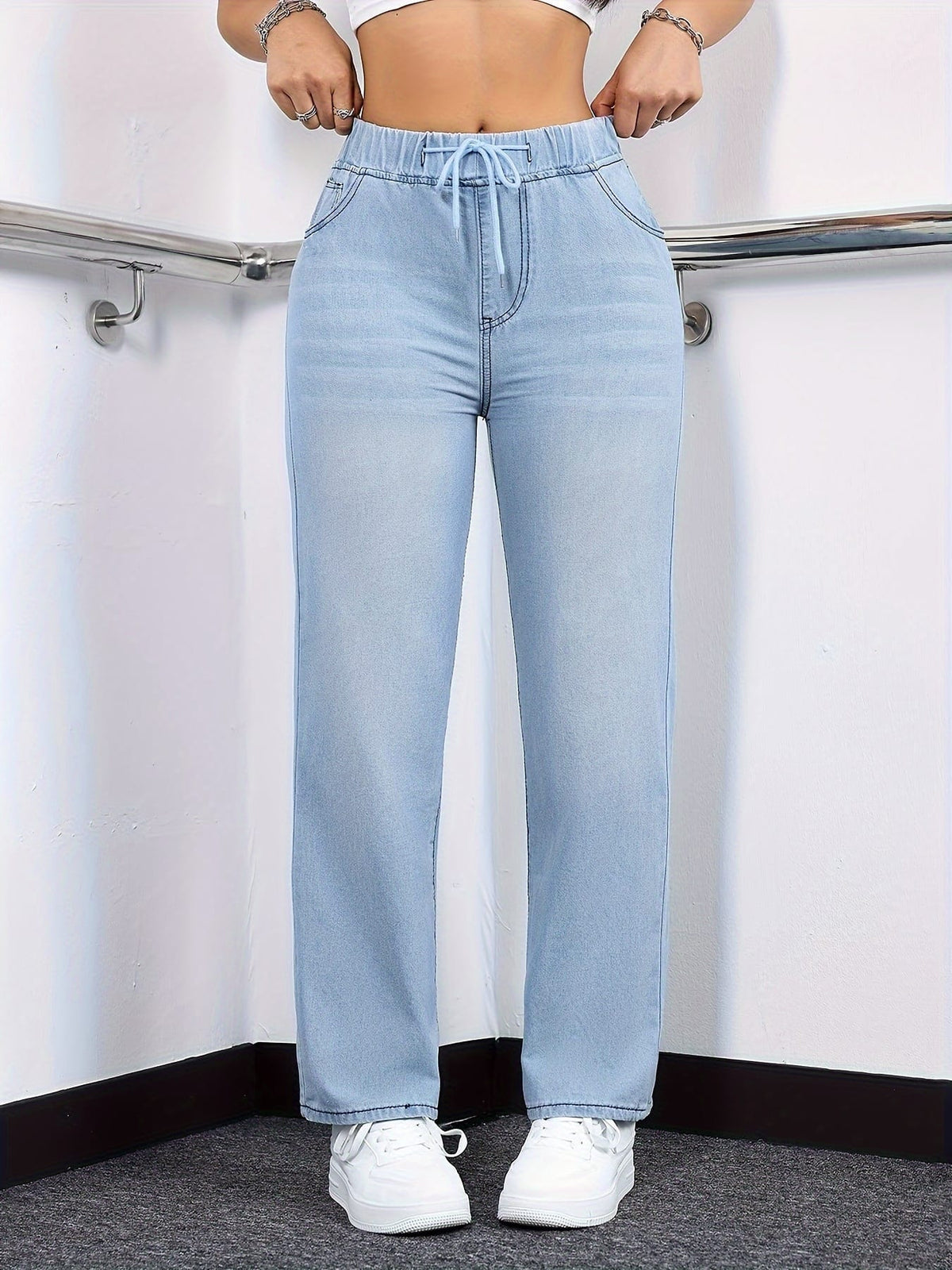jkthpu-45 Women's Straight-Leg Jeans - Non-See-Through Washed Blue Pants