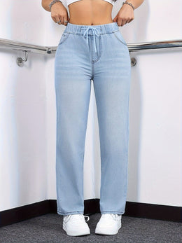 jkthpu-45 Women's Straight-Leg Jeans - Non-See-Through Washed Blue Pants