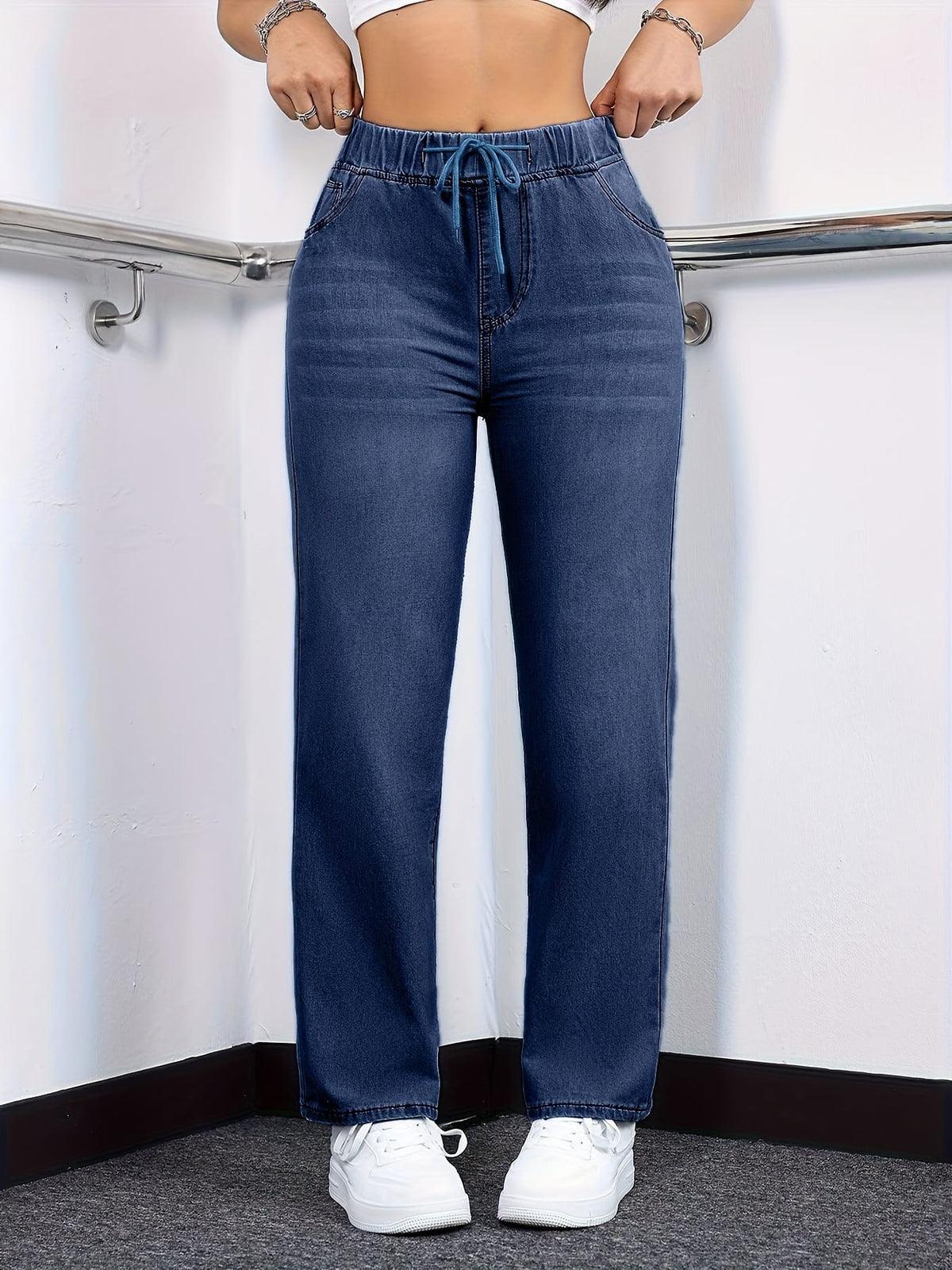 jkthpu-45 Women's Straight-Leg Jeans - Non-See-Through Washed Blue Pants