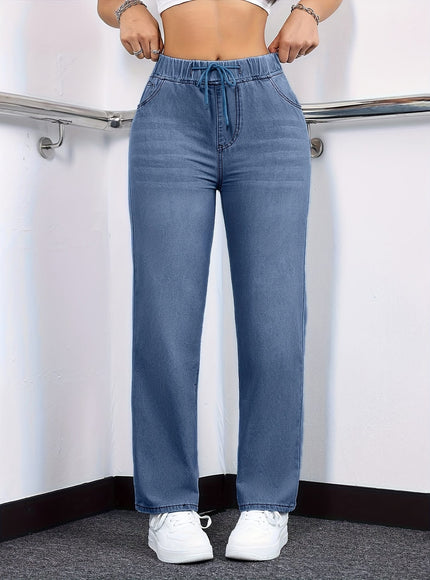 jkthpu-45 Women's Straight-Leg Jeans - Non-See-Through Washed Blue Pants