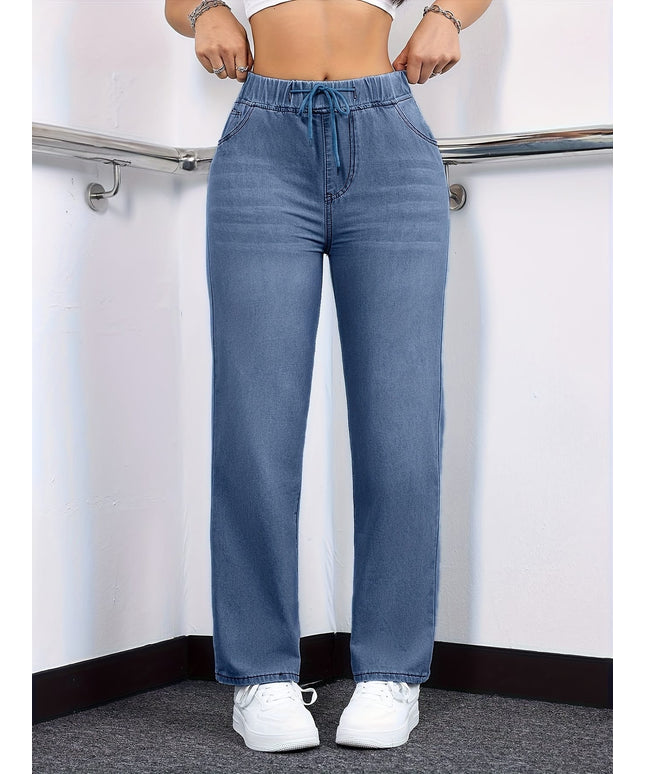 jkthpu-45 Women's Straight-Leg Jeans - Non-See-Through Washed Blue Pants