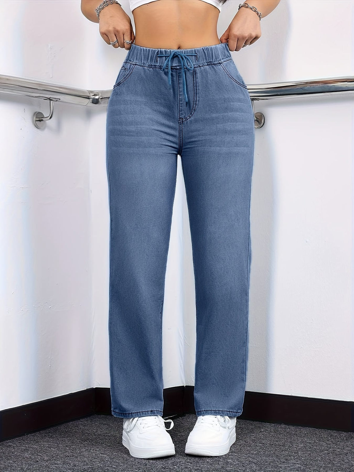 jkthpu-45 Women's Straight-Leg Jeans - Non-See-Through Washed Blue Pants