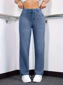 jkthpu-45 Women's Straight-Leg Jeans - Non-See-Through Washed Blue Pants