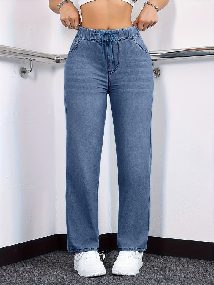Women's Straight-Leg Jeans - Non-See-Through Washed Blue Pants