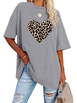 KissICON Women's Valentine's Day Leopard Heart Print T-Shirt - Short Sleeve Crew Neck Casual Top, Vibrant Pink, Relaxed Fit, Machine Washable, Plus Size Friendly, All-Season Comfort, Valentine's Day T-shirts, Trendy Casualwear, Durabl