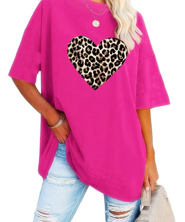 KissICON Women's Valentine's Day Leopard Heart Print T-Shirt - Short Sleeve Crew Neck Casual Top, Vibrant Pink, Relaxed Fit, Machine Washable, Plus Size Friendly, All-Season Comfort, Valentine's Day T-shirts, Trendy Casualwear, Durabl