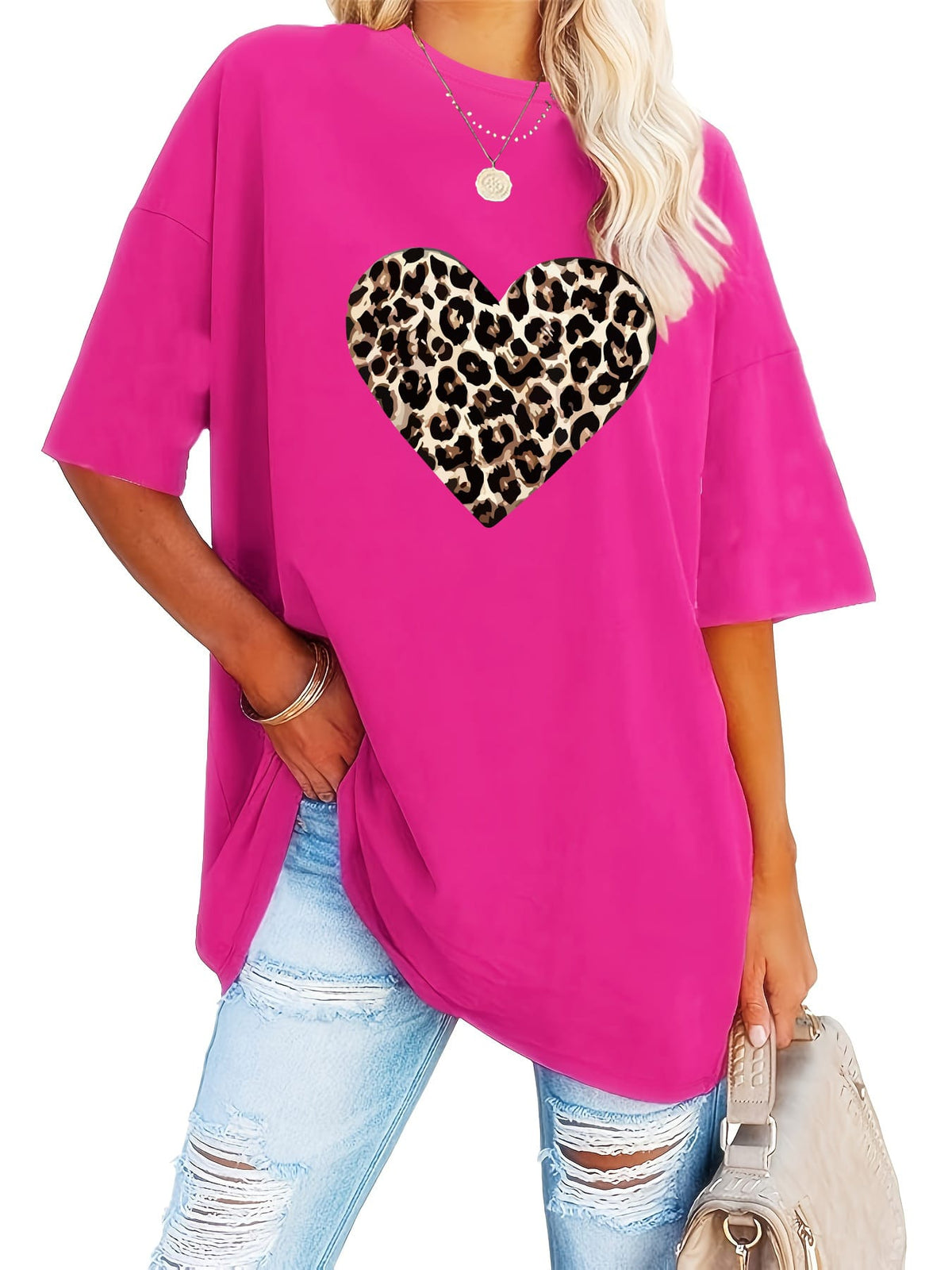 KissICON Women's Valentine's Day Leopard Heart Print T-Shirt - Short Sleeve Crew Neck Casual Top, Vibrant Pink, Relaxed Fit, Machine Washable, Plus Size Friendly, All-Season Comfort, Valentine's Day T-shirts, Trendy Casualwear, Durabl