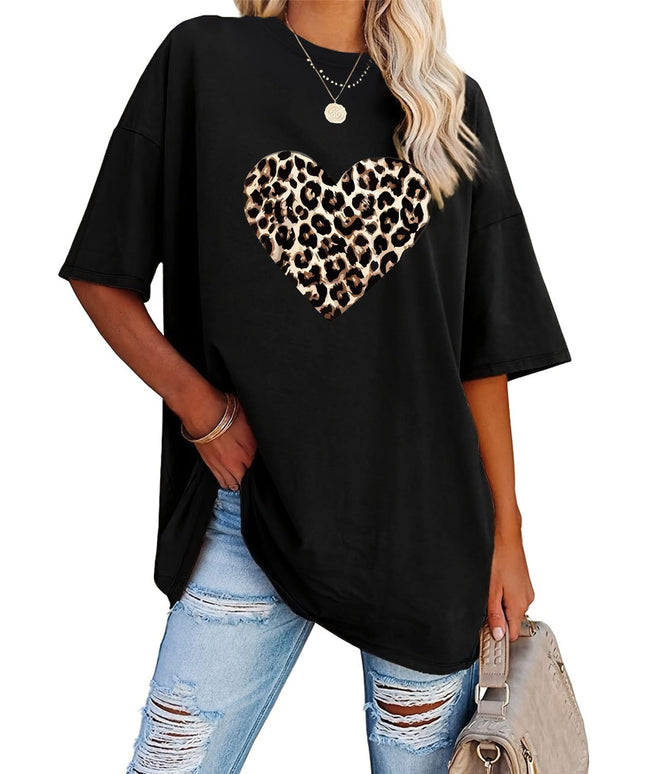 KissICON Women's Valentine's Day Leopard Heart Print T-Shirt - Short Sleeve Crew Neck Casual Top, Vibrant Pink, Relaxed Fit, Machine Washable, Plus Size Friendly, All-Season Comfort, Valentine's Day T-shirts, Trendy Casualwear, Durabl