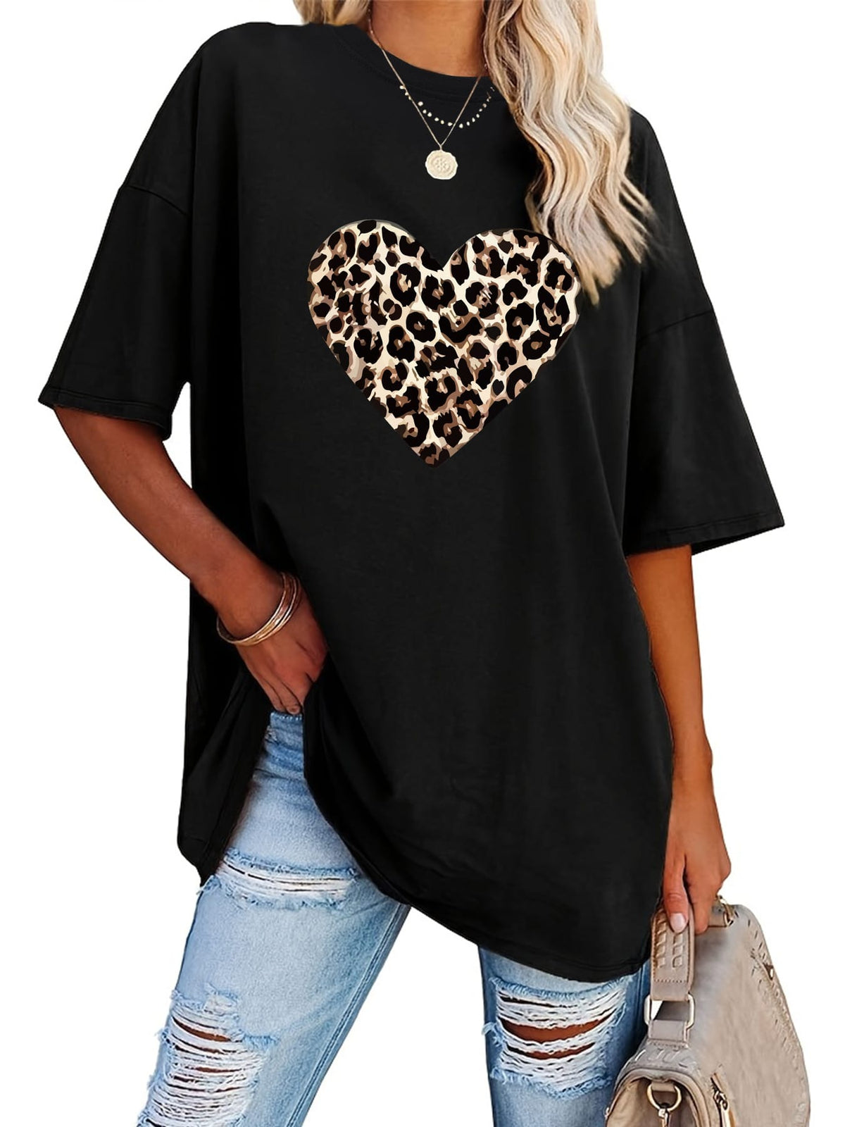 KissICON Women's Valentine's Day Leopard Heart Print T-Shirt - Short Sleeve Crew Neck Casual Top, Vibrant Pink, Relaxed Fit, Machine Washable, Plus Size Friendly, All-Season Comfort, Valentine's Day T-shirts, Trendy Casualwear, Durabl