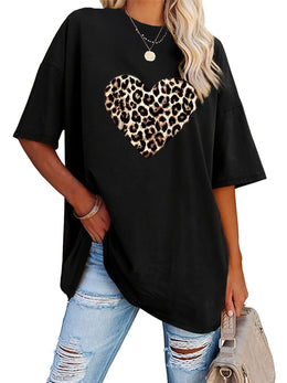 KissICON Women's Valentine's Day Leopard Heart Print T-Shirt - Short Sleeve Crew Neck Casual Top, Vibrant Pink, Relaxed Fit, Machine Washable, Plus Size Friendly, All-Season Comfort, Valentine's Day T-shirts, Trendy Casualwear, Durabl