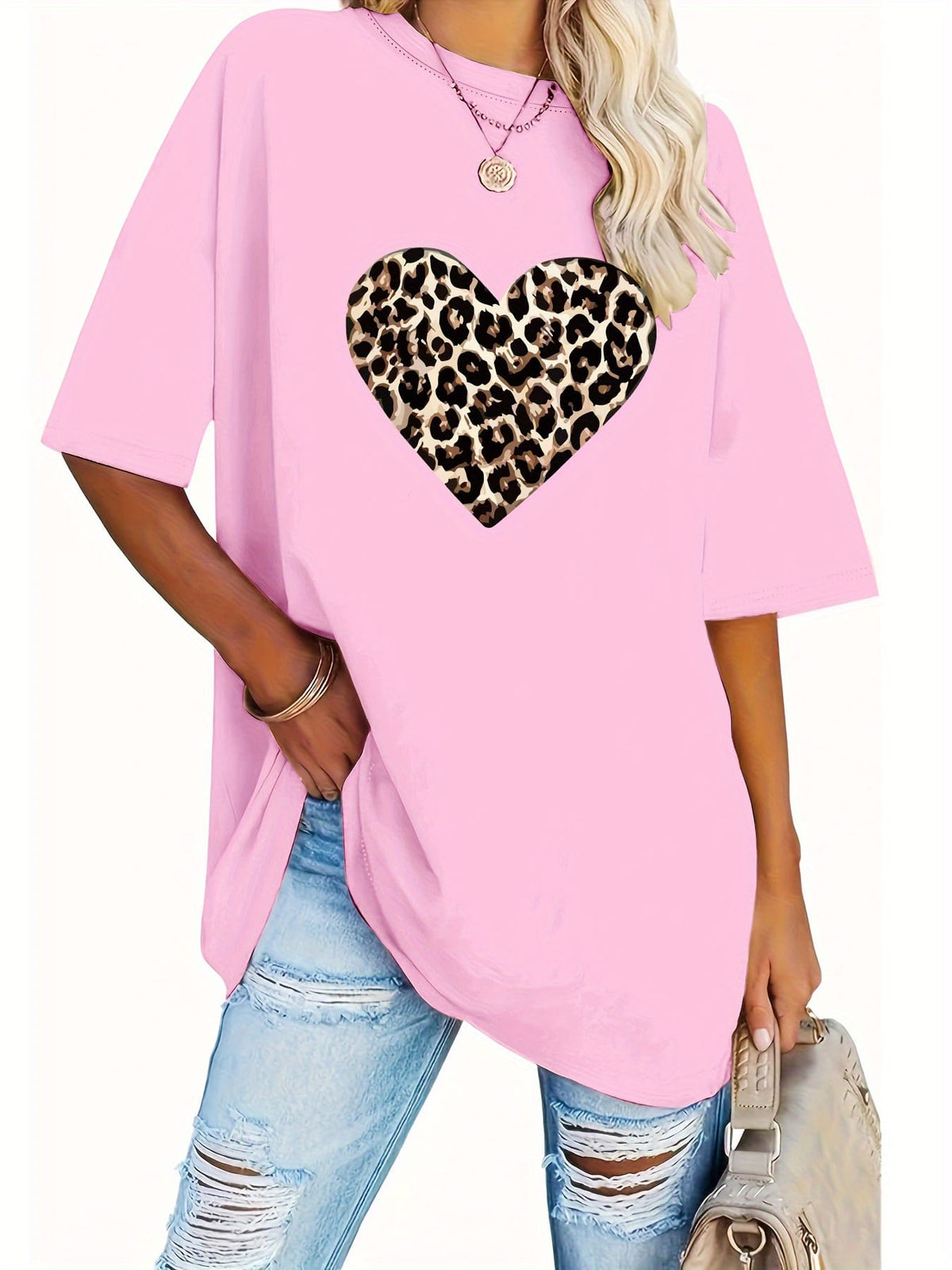 KissICON Women's Valentine's Day Leopard Heart Print T-Shirt - Short Sleeve Crew Neck Casual Top, Vibrant Pink, Relaxed Fit, Machine Washable, Plus Size Friendly, All-Season Comfort, Valentine's Day T-shirts, Trendy Casualwear, Durabl