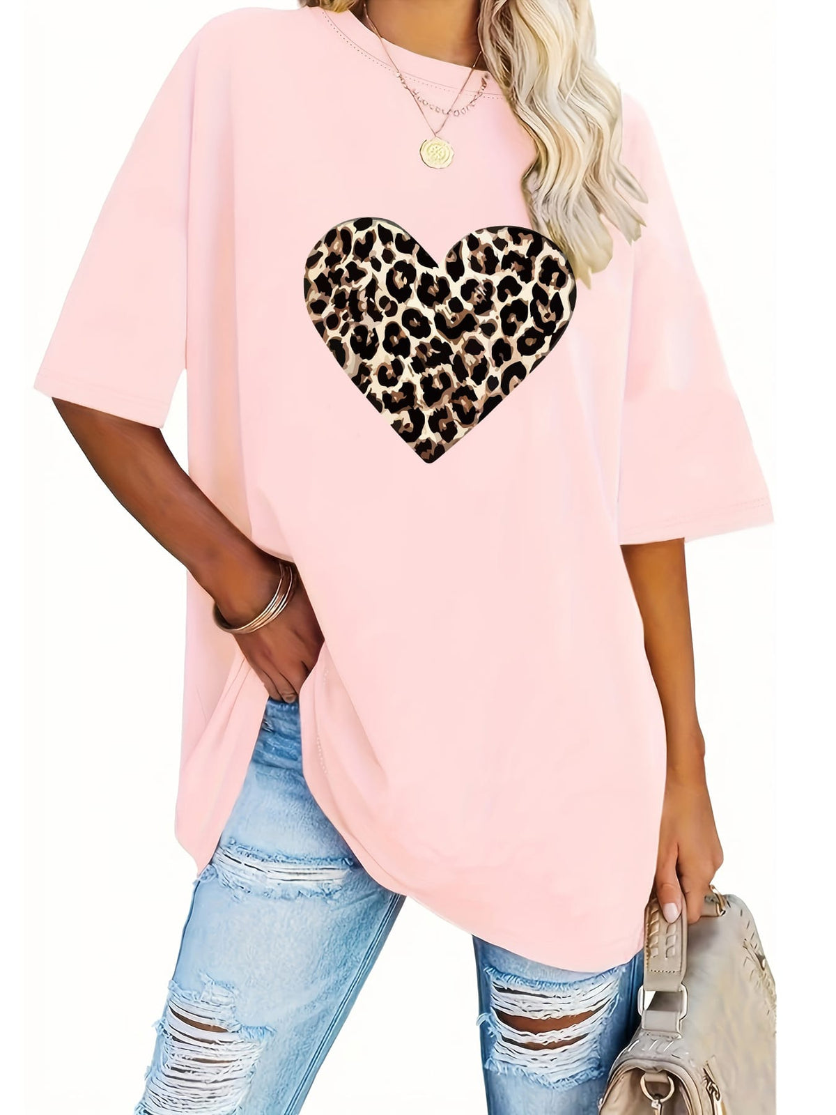 KissICON Women's Valentine's Day Leopard Heart Print T-Shirt - Short Sleeve Crew Neck Casual Top, Vibrant Pink, Relaxed Fit, Machine Washable, Plus Size Friendly, All-Season Comfort, Valentine's Day T-shirts, Trendy Casualwear, Durabl