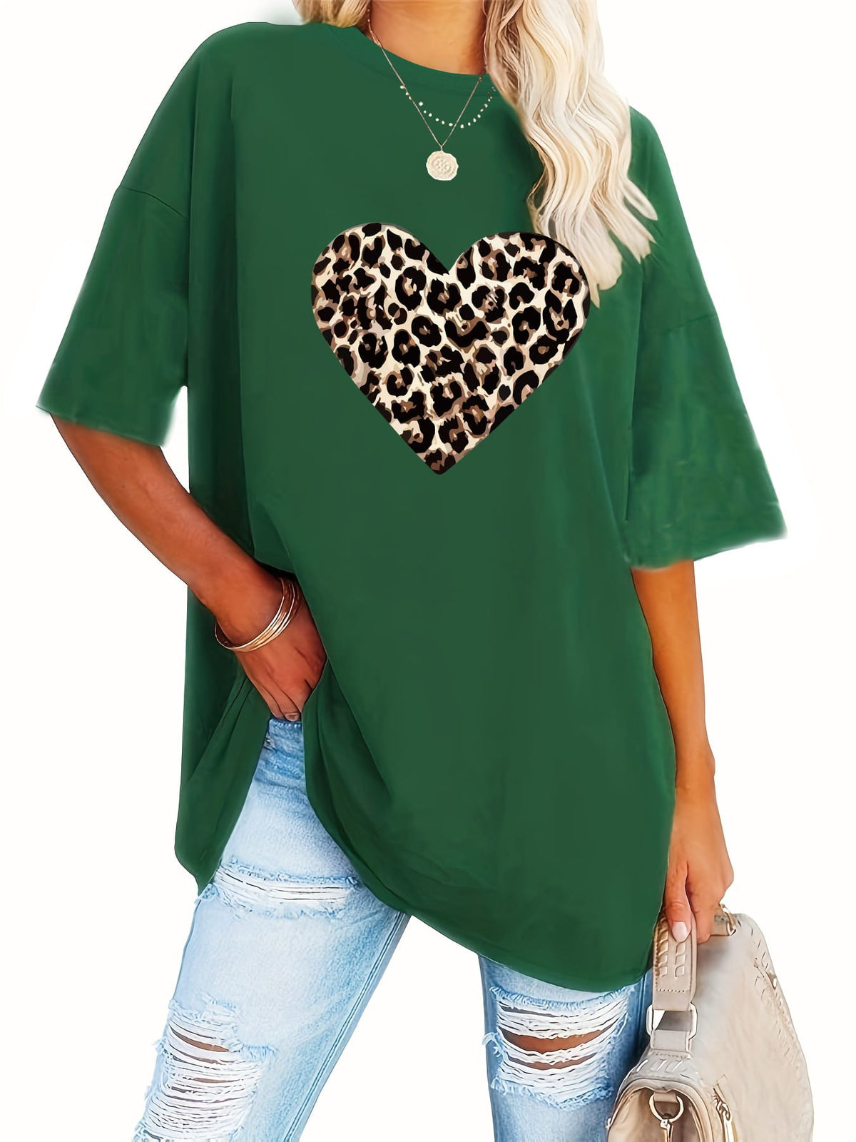 KissICON Women's Valentine's Day Leopard Heart Print T-Shirt - Short Sleeve Crew Neck Casual Top, Vibrant Pink, Relaxed Fit, Machine Washable, Plus Size Friendly, All-Season Comfort, Valentine's Day T-shirts, Trendy Casualwear, Durabl