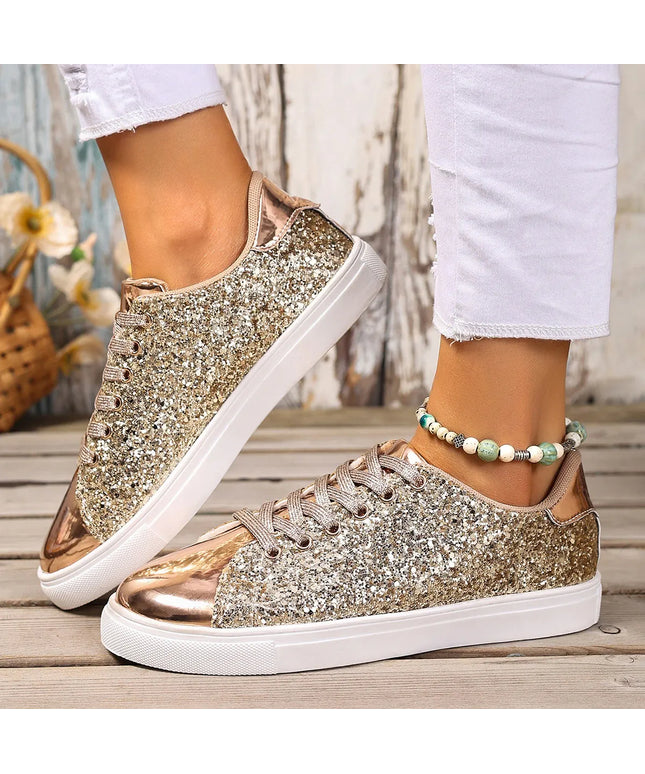 Dropshipman Women Sneakers Bling Golden Shoes Casual Female Breathable Sneakers Lace Up Outdoor Sport Women Vulcanize Shoes Zapatos De Mujer