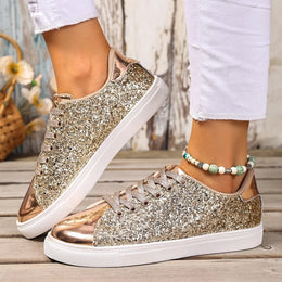 Dropshipman Women Sneakers Bling Golden Shoes Casual Female Breathable Sneakers Lace Up Outdoor Sport Women Vulcanize Shoes Zapatos De Mujer