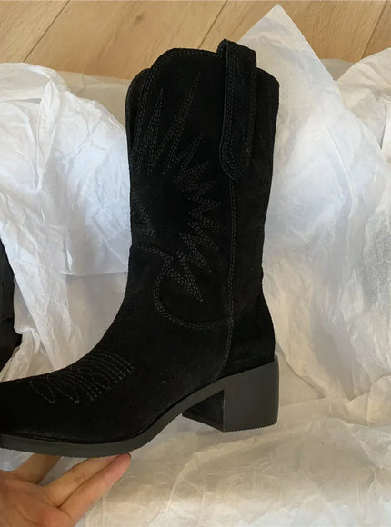 KissICON Women Western Boots Autumn Winter Embroidery Flower Women