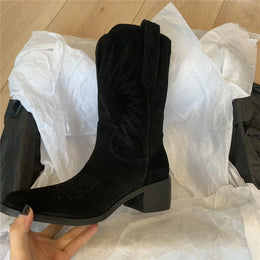 KissICON Women Western Boots Autumn Winter Embroidery Flower Women