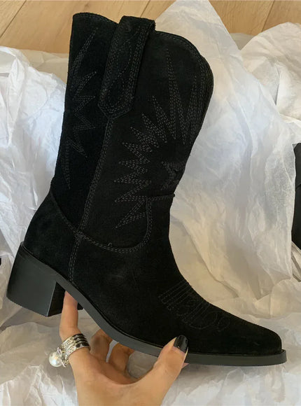 KissICON Women Western Boots Autumn Winter Embroidery Flower Women